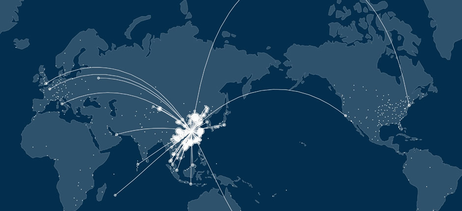 A graphic map tracking the COVID-19 outbreak, starting in Wuhan, China and spreading across the globe