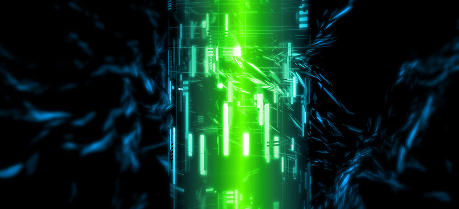 Green glowing lights with high tech tube on abstract background. Next generation power source for car, mobile, or any electric device