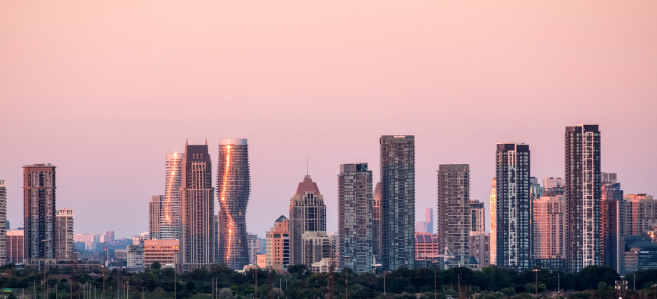 The skyline of Mississauga, Ontario, at sunset.