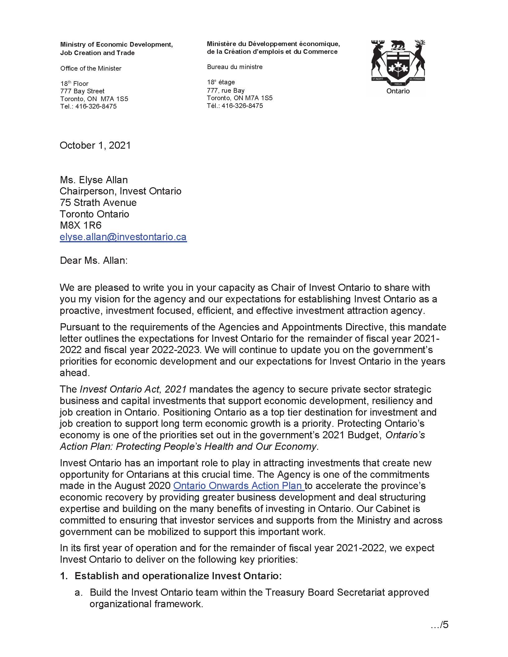 2021 - 2023 Invest Ontario Mandate Letter
